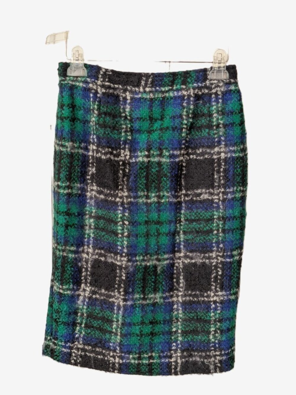Vintage Green Blue Plaid Bouclé Tweed Pencil Skirt Lined